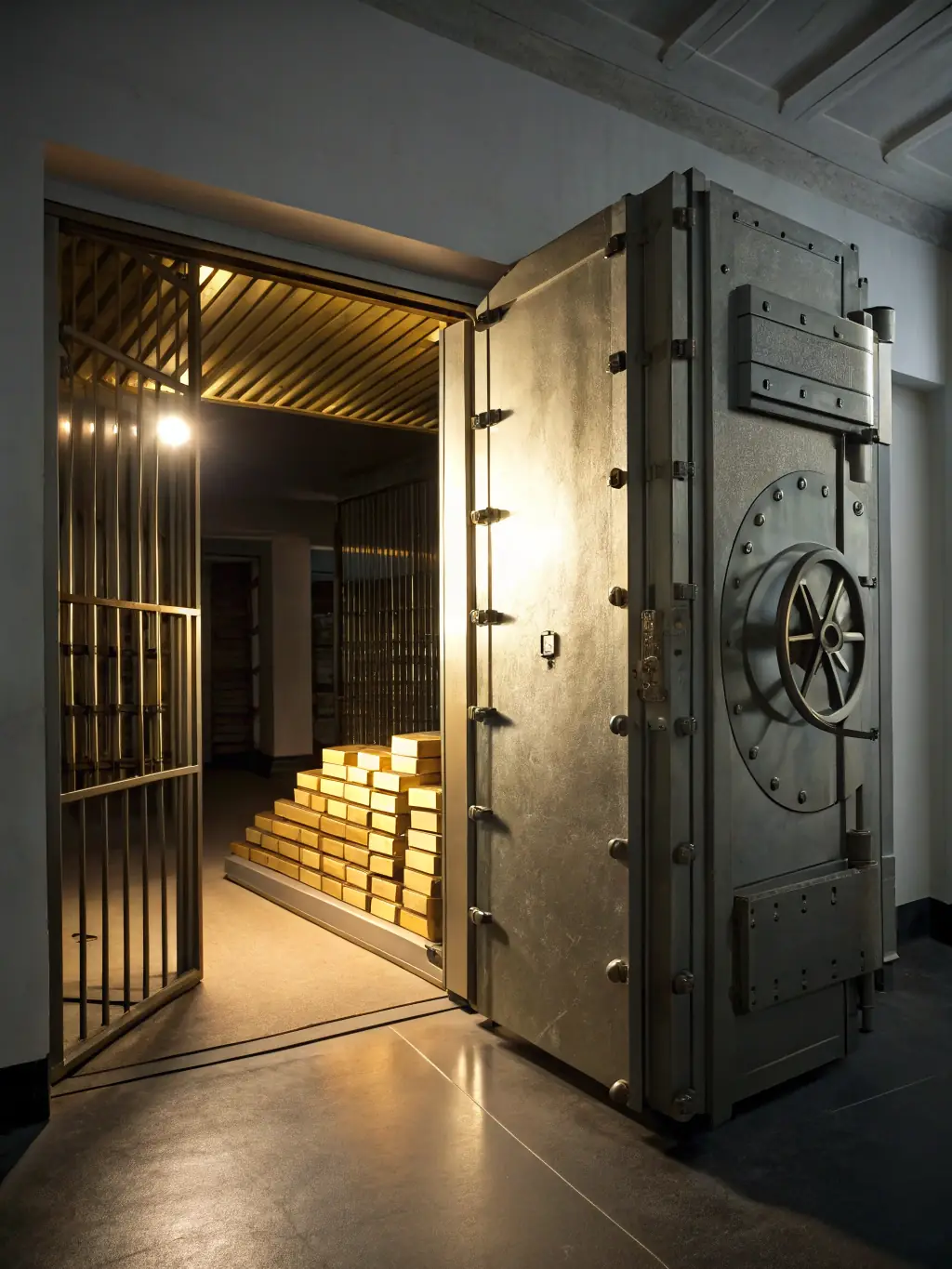 A secure vault with gold bars and currency, representing secure deposit services and financial security.