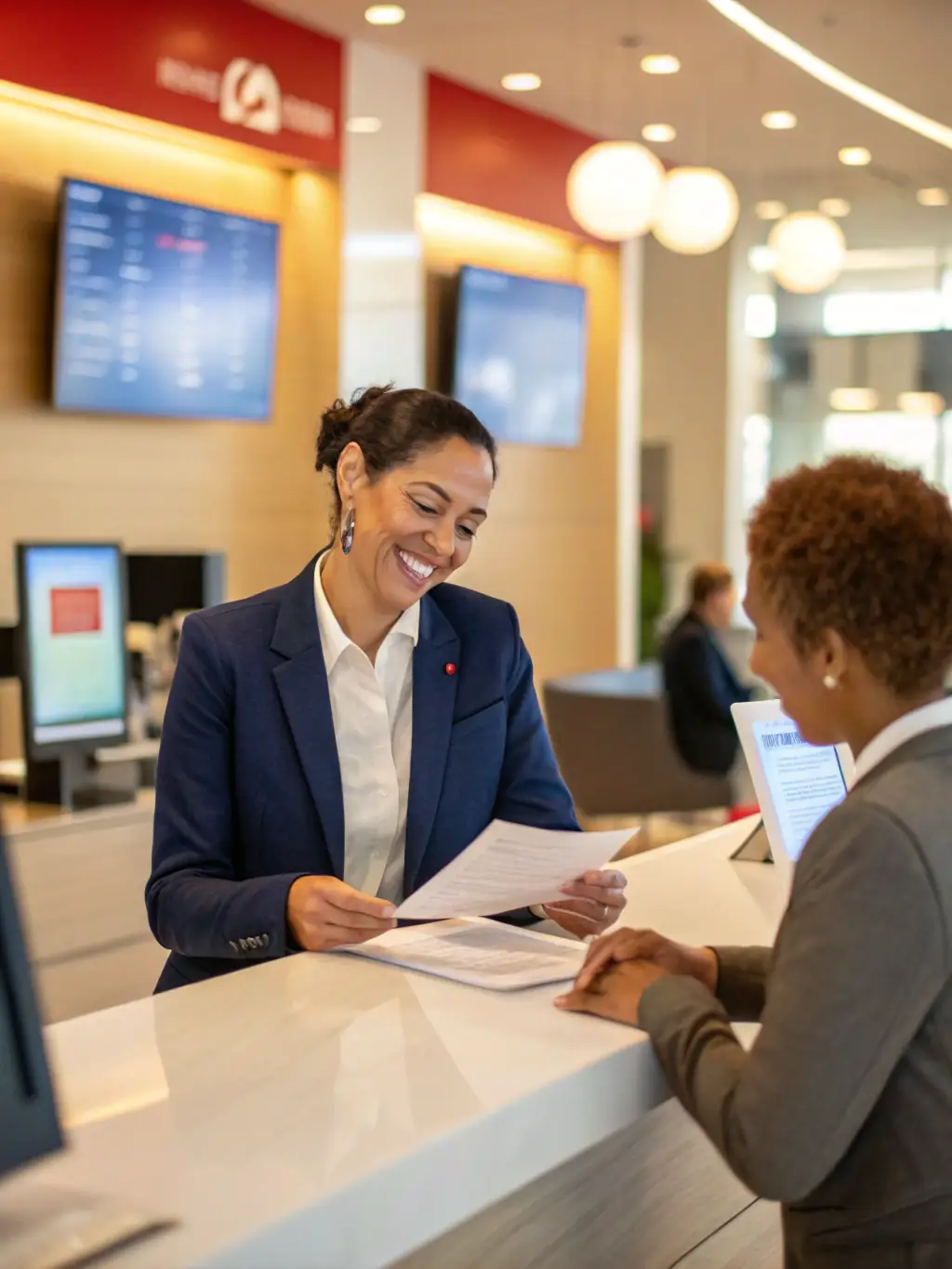 A professional banker assisting a customer with opening a new checking account, showcasing personalized service and financial guidance.