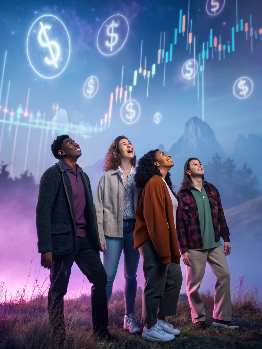 A diverse group of people investing in various financial products, symbolizing investment opportunities and financial growth.