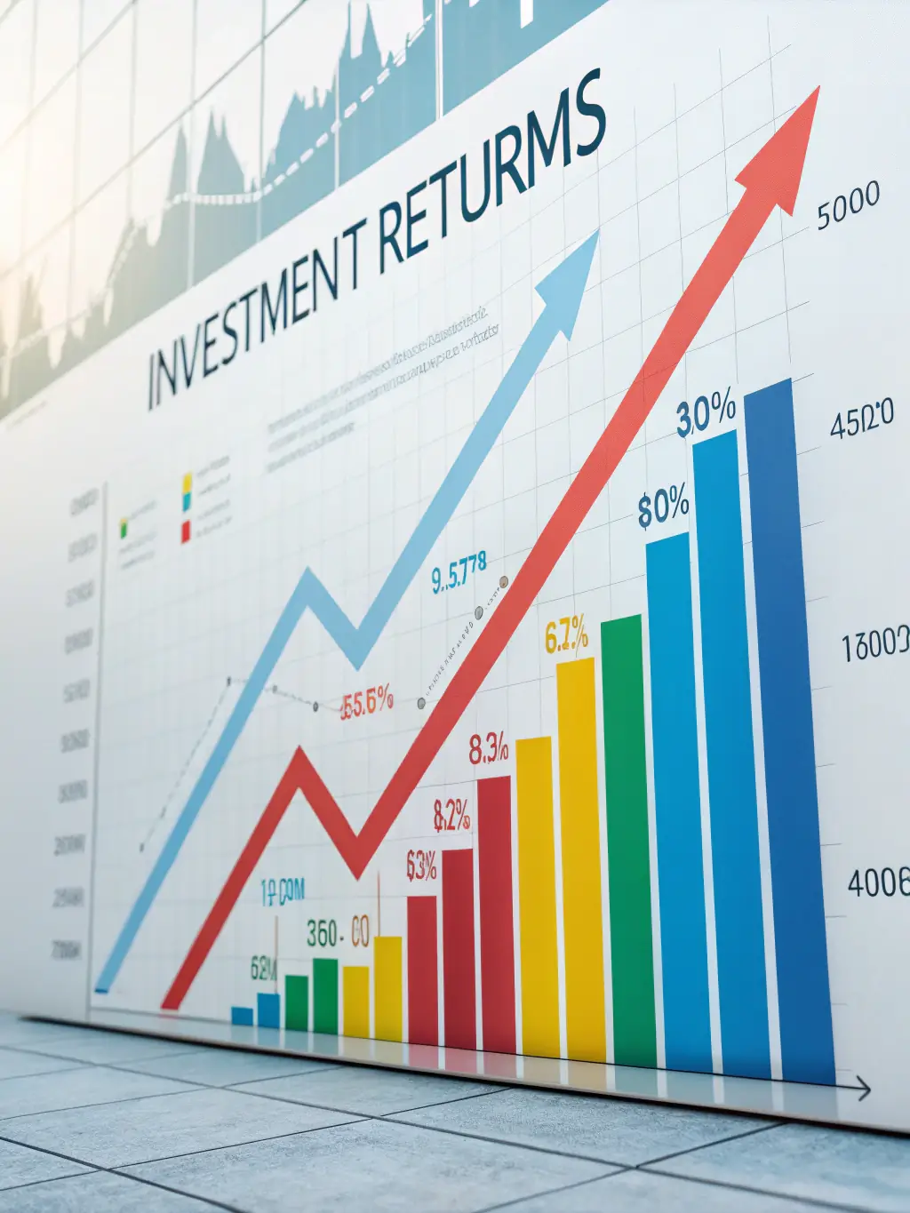 A graph showing investment growth, with various financial instruments in the background.