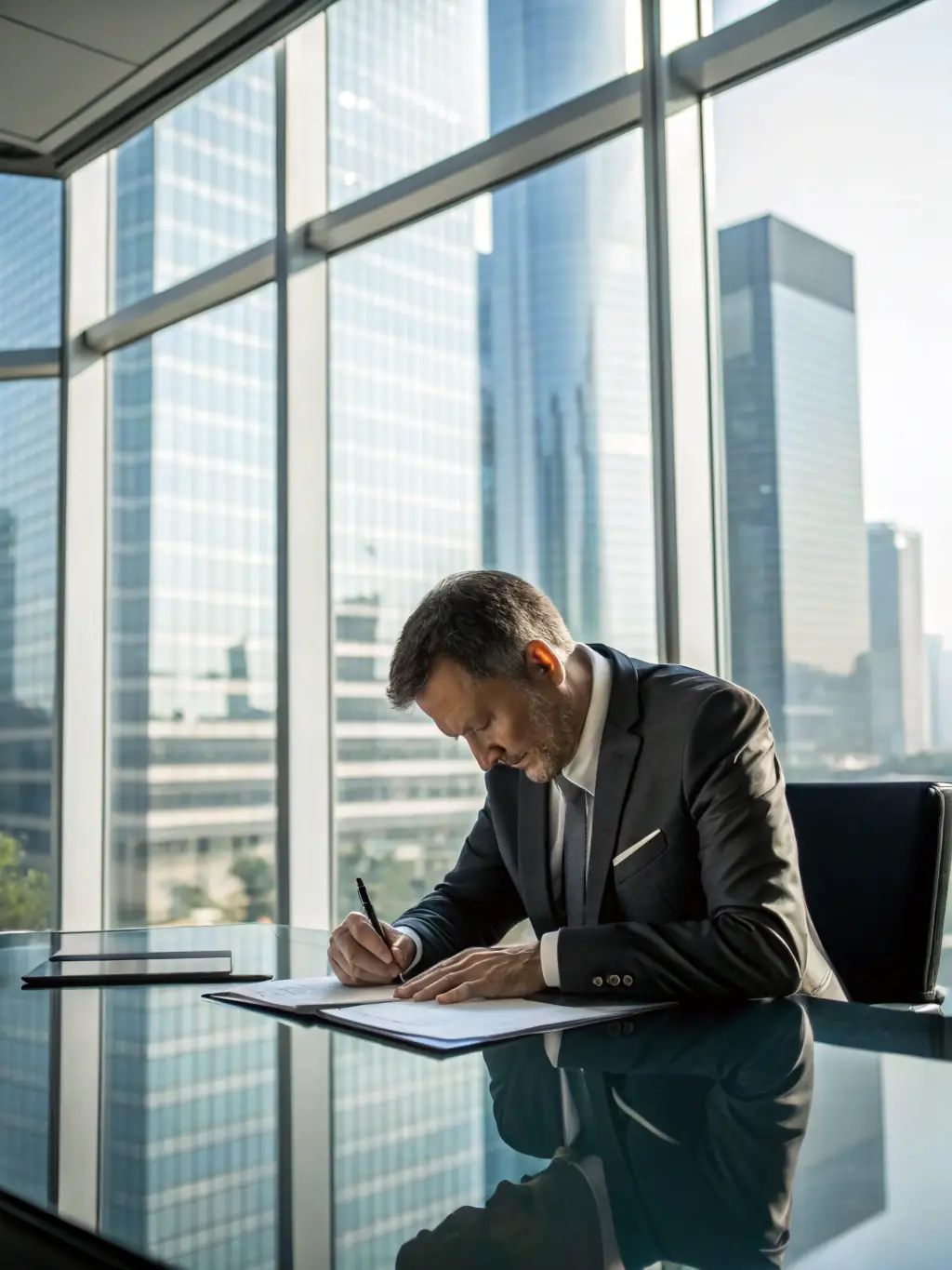 A person signing loan documents with a bank representative, representing loan services.